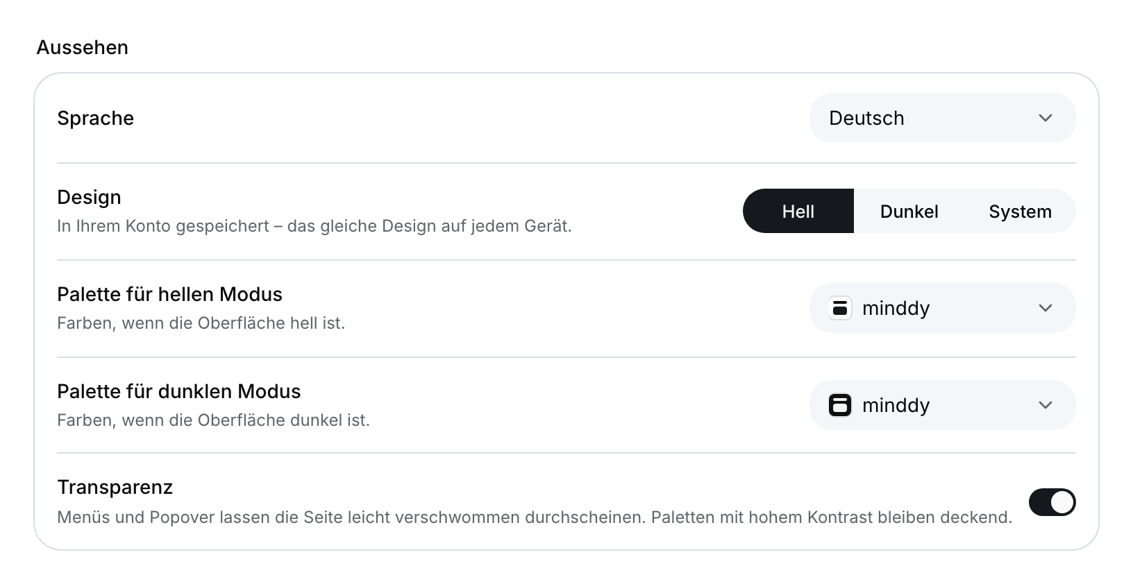 Sprachauswahl, Schalter für helles, dunkles und Systemdesign, Palettenauswahl für hellen und dunklen Modus und Transparenzschalter.