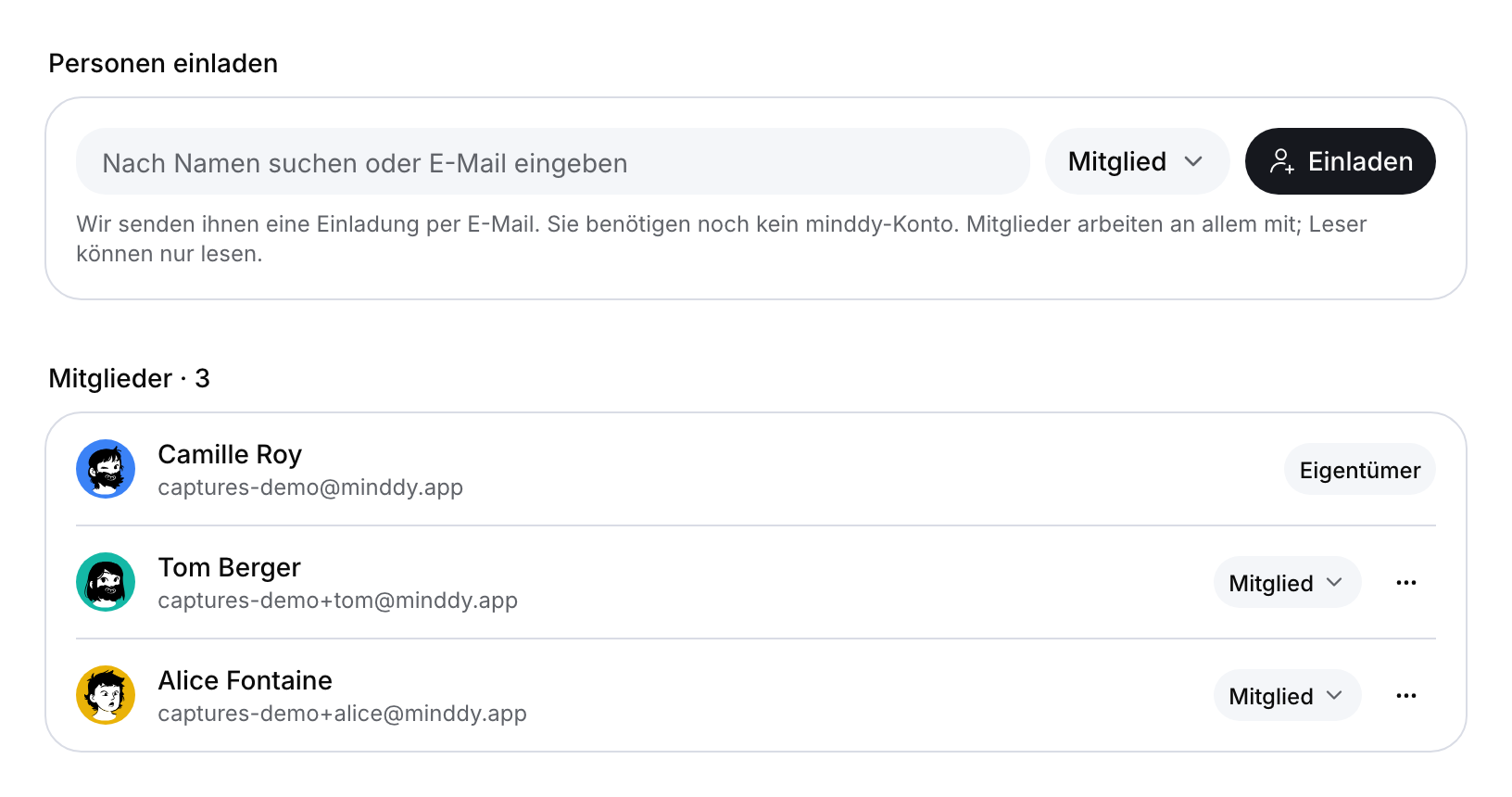 Karte „Personen einladen“ über der Karte Mitglieder mit drei Demo-Mitgliedern, der Eigentümer ist gekennzeichnet.