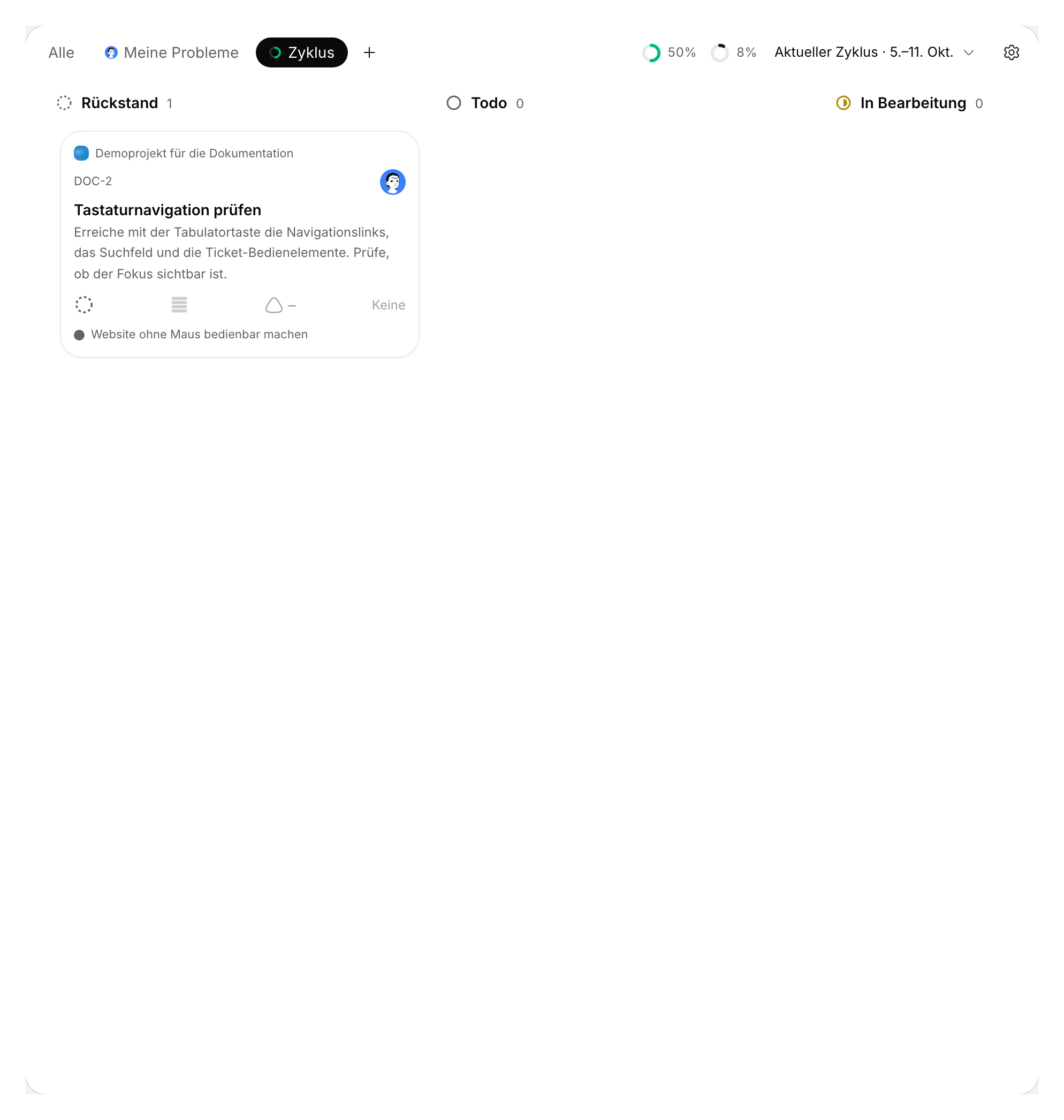 Demo-Ticket im Backlog des persönlichen Zyklus.