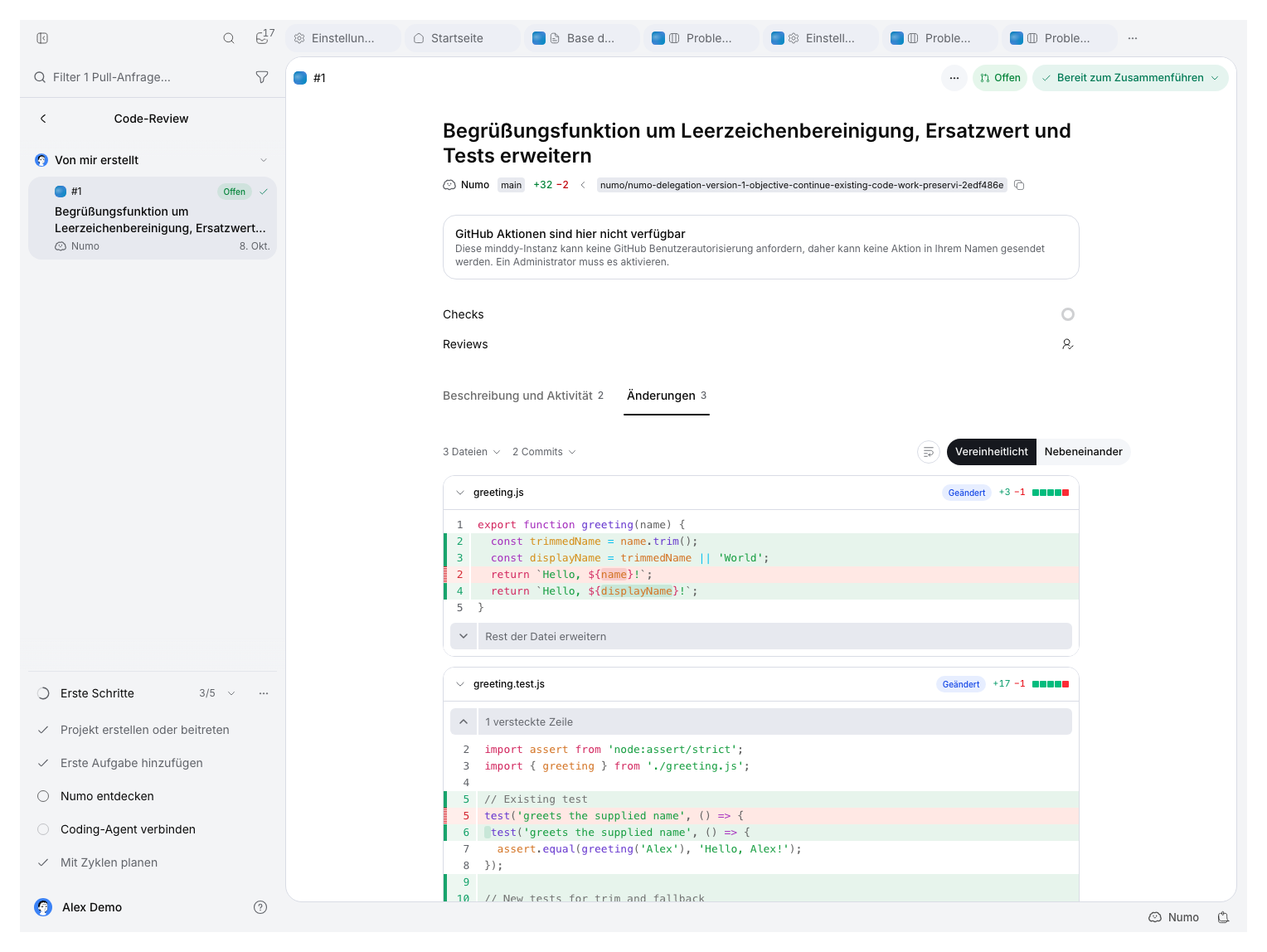 Änderungsansicht des offenen Demonstrations-PR mit Diff der Funktion greeting und Hinweis auf fehlende GitHub-Autorisierung.