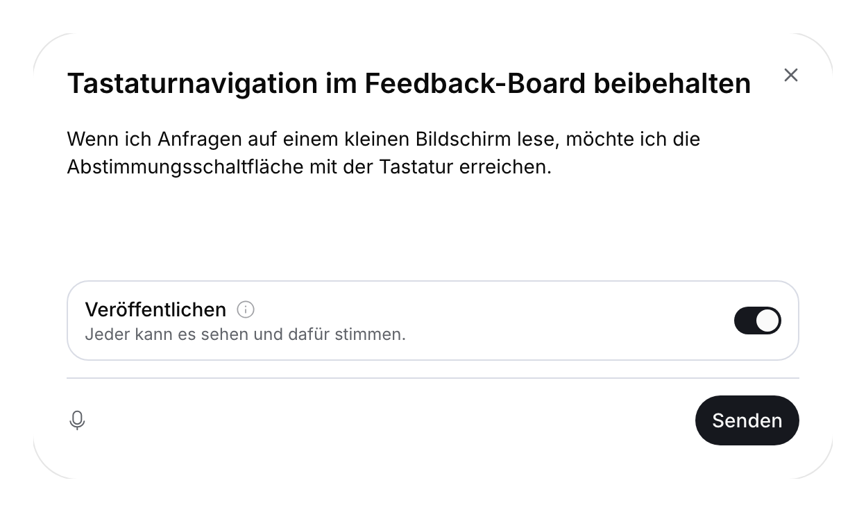 Feedback-Formular für Besucher mit Titel, Beschreibung und aktivierter öffentlicher Sichtbarkeit.