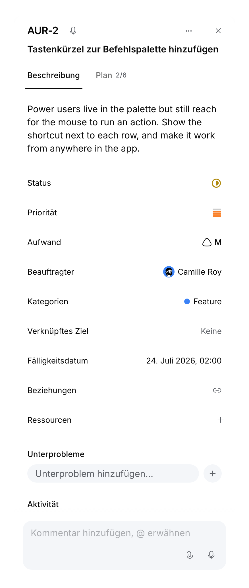 Mobiles Ticketpanel mit lokalisiertem Titel, Beschreibung, Eigenschaften und Kommentarfeld.