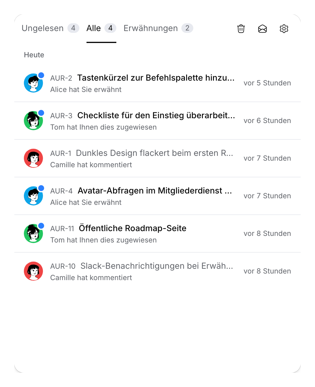 Posteingang mit Beispiel-Erwähnungen, Zuweisungen und Kommentaren sowie gelesenen und ungelesenen Einträgen.