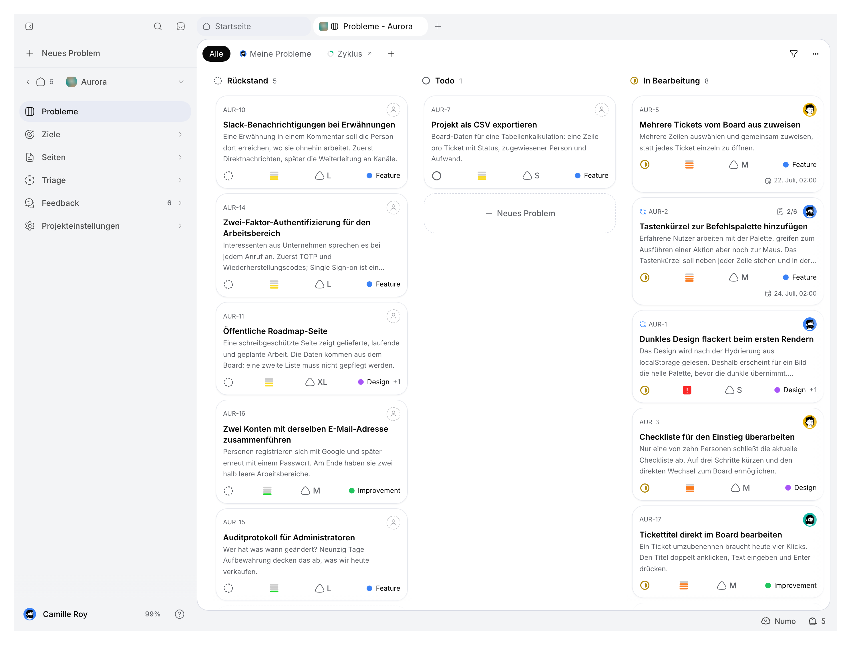 Projektnavigation neben dem Demo-Ticketboard.