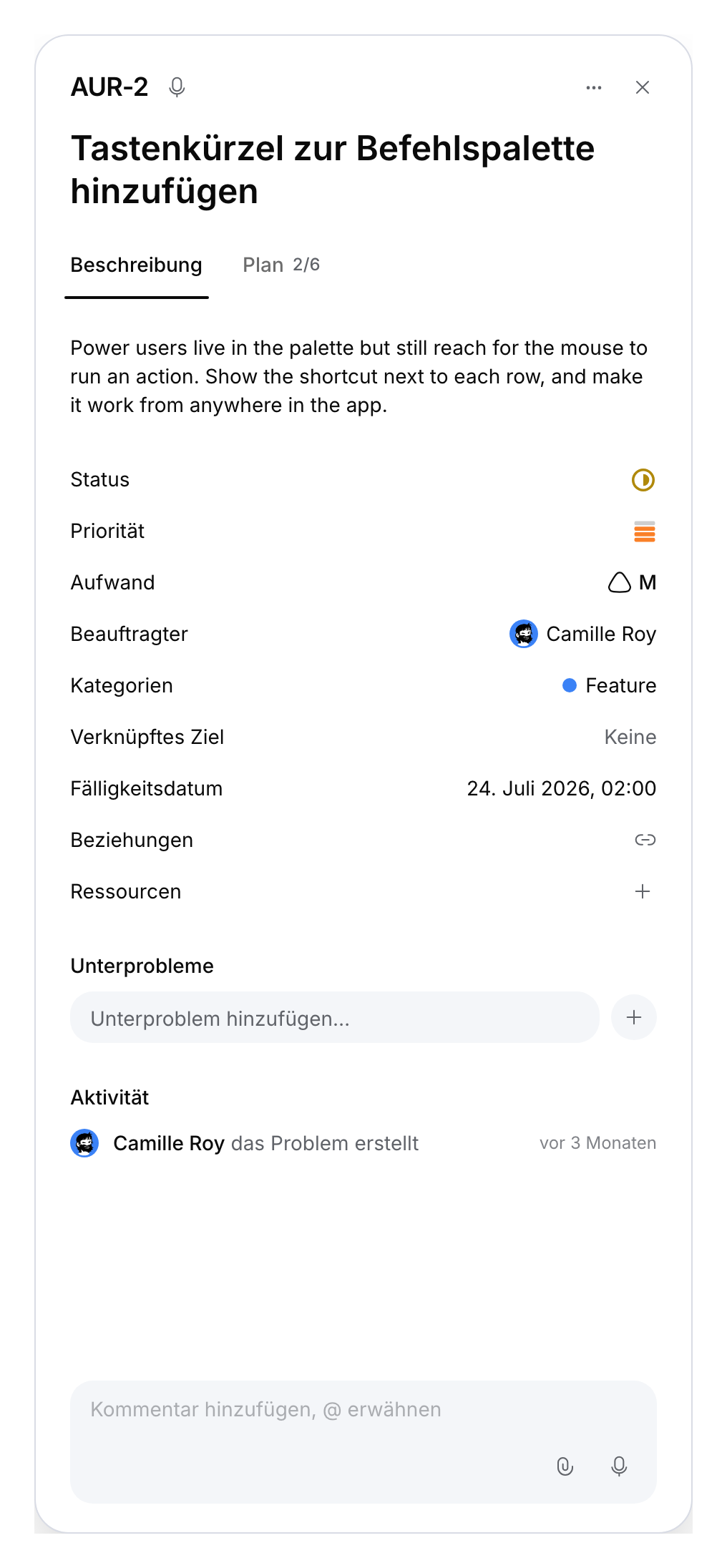 Eingabefeld für ein Unterticket in einem Demo-Elternticket.