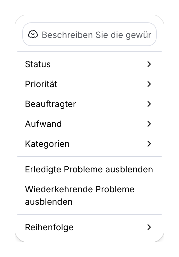 Manuelle Ansichtsfilter und Sortiermenü.