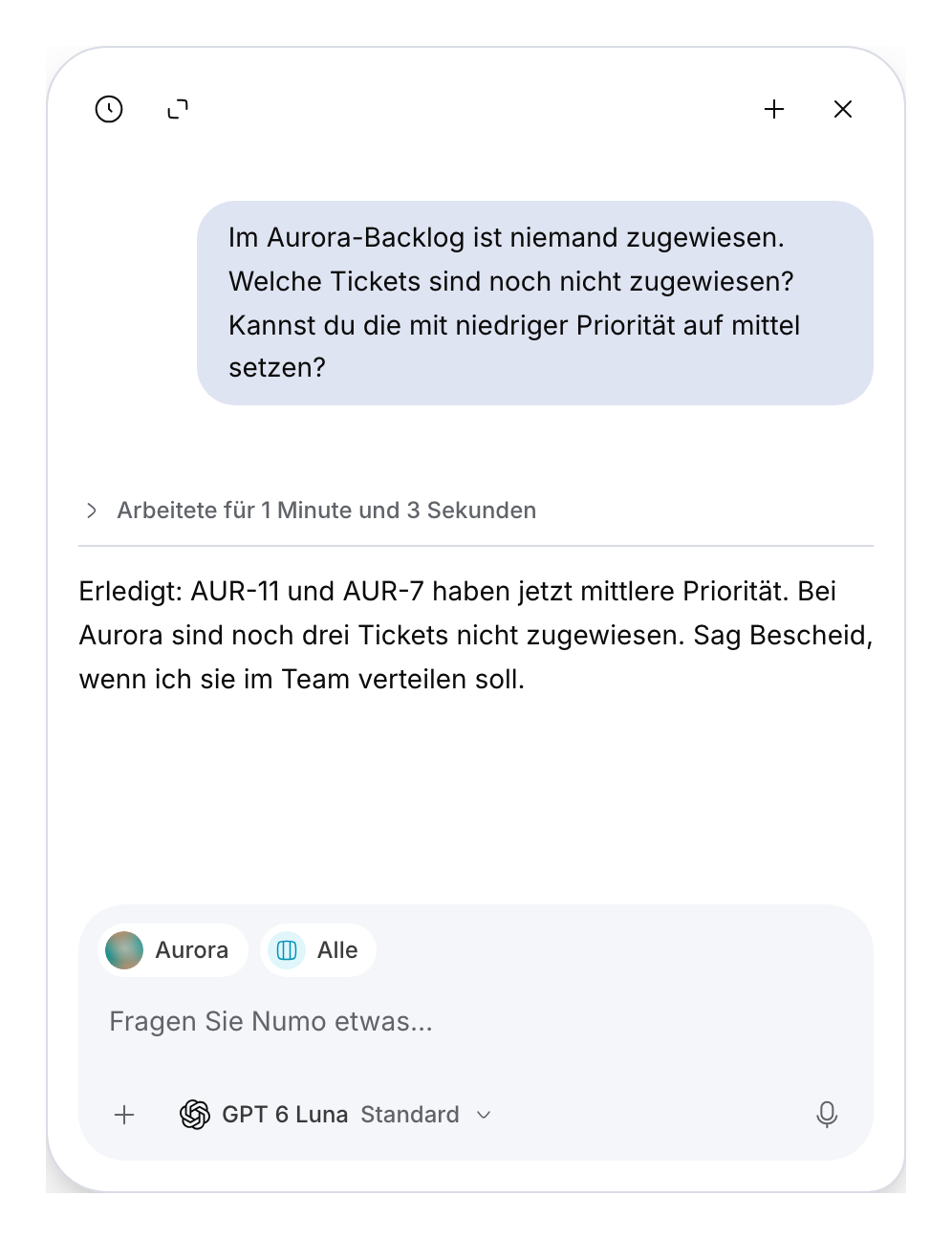 Numo-Demonstrationsgespräch mit Seitenkontext, Prioritätsänderung und gespeicherter Antwort.