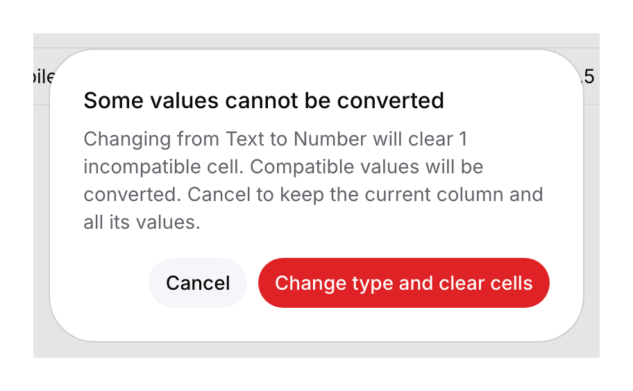 Conversion warning: changing Text to Number clears one incompatible cell, with Cancel and confirmation buttons.