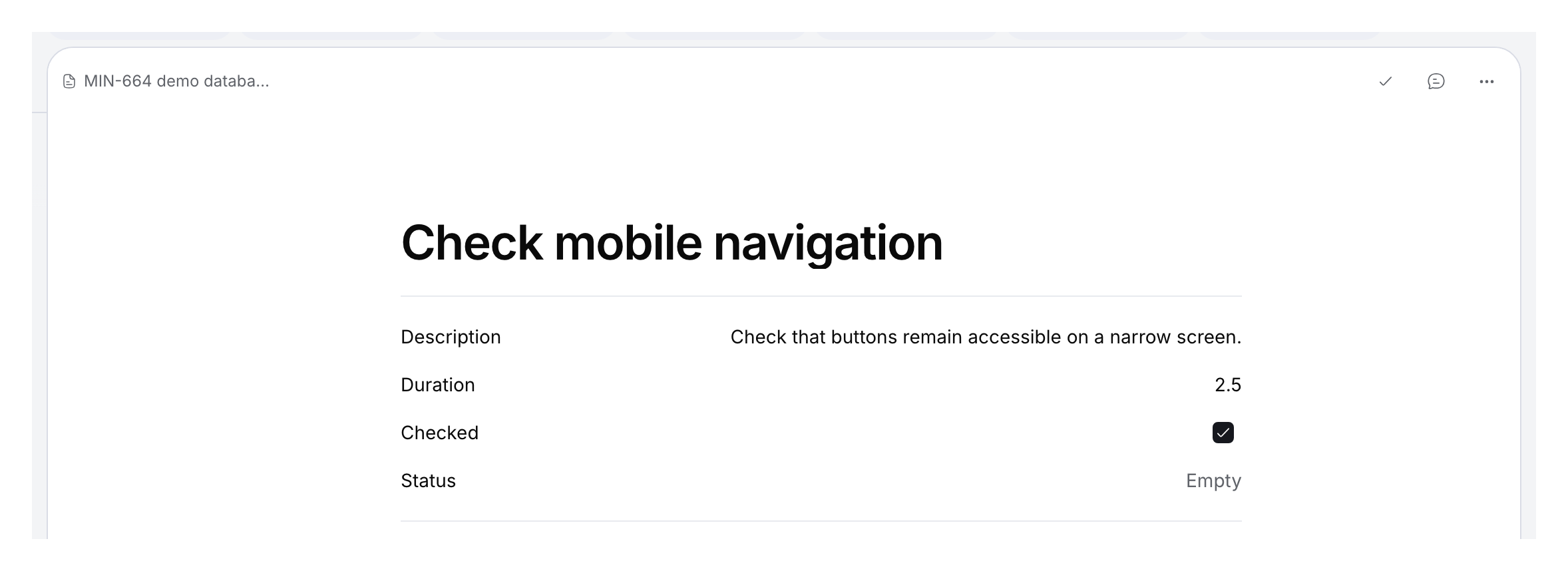 Demonstration entry with a text description, duration 2.5, a checked checkbox and an empty selection.