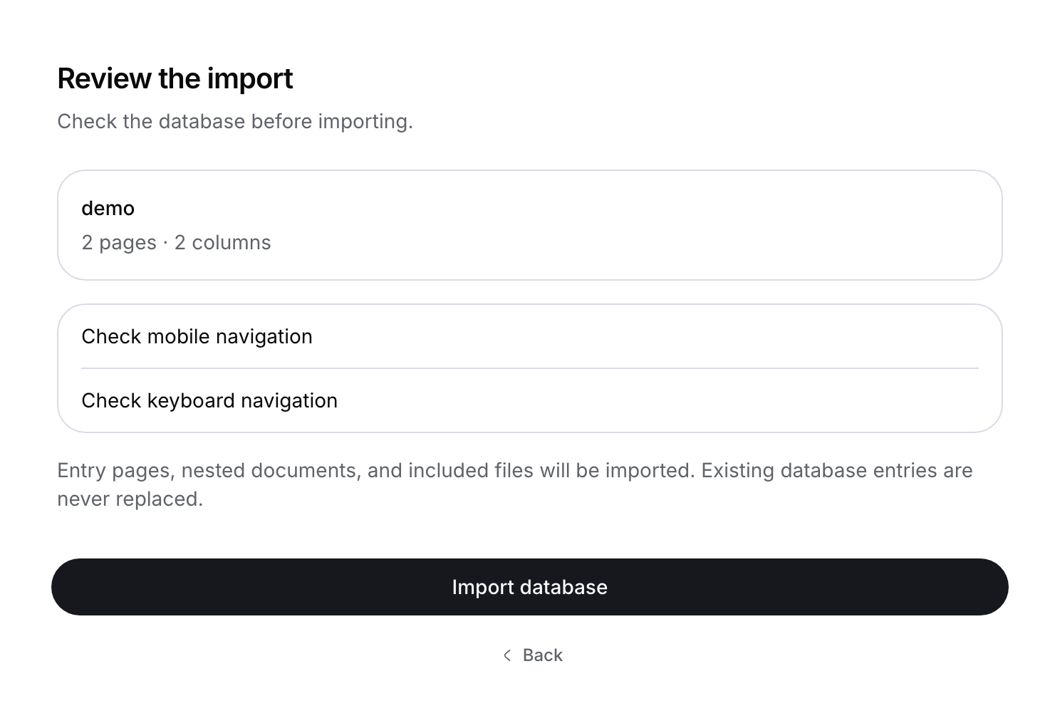 Import review for a local CSV: two entry pages and two property columns, with the Import database button.