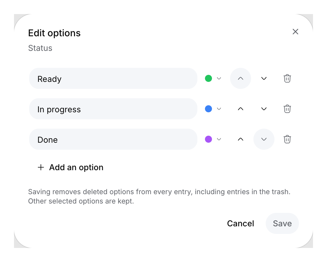 Component preview of Edit options with localized status options, up and down buttons, trash buttons and the deletion explanation.
