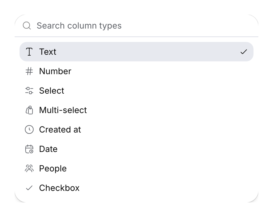 Database column type picker with a search field, then text, number, selections, dates, people and checkbox.