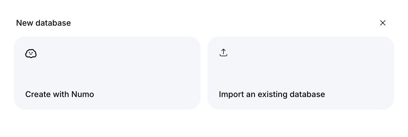 Component preview of the new-database cards for Numo setup and importing an existing database.