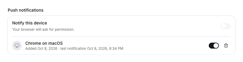 An active browser push device registered to the account, with its actual last-send date.