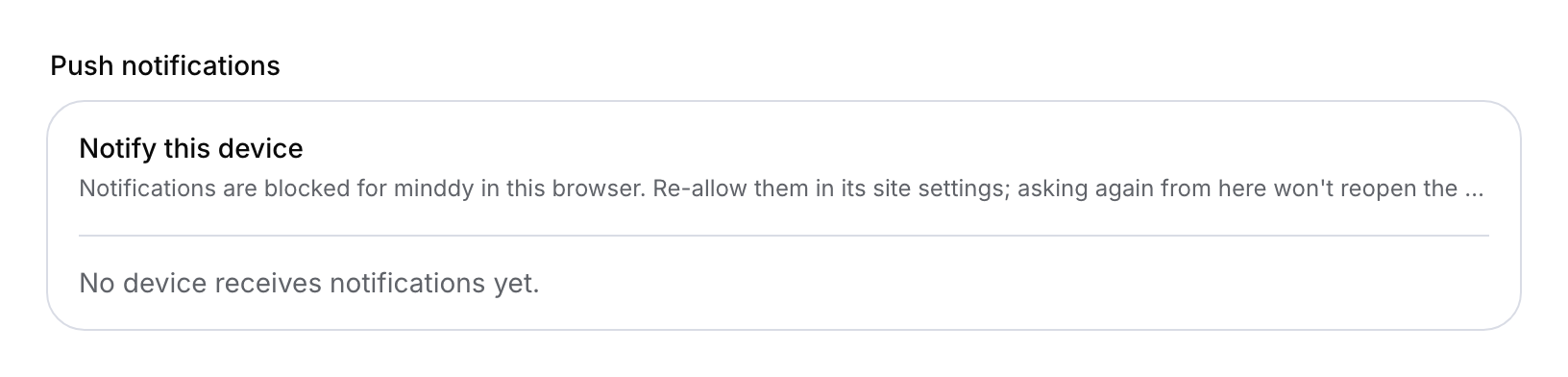Push settings showing browser permission blocked and no registered device.