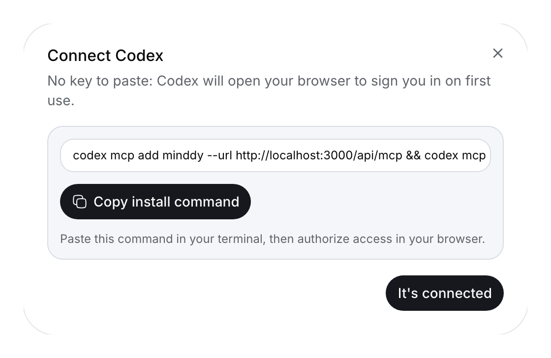 Codex installation dialog showing the minddy Cloud endpoint.