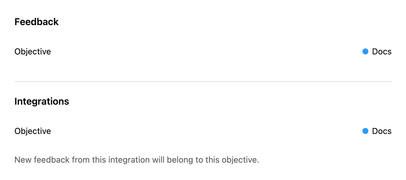 Component preview of the feedback objective selector and a feedback integration default, both set to Docs.