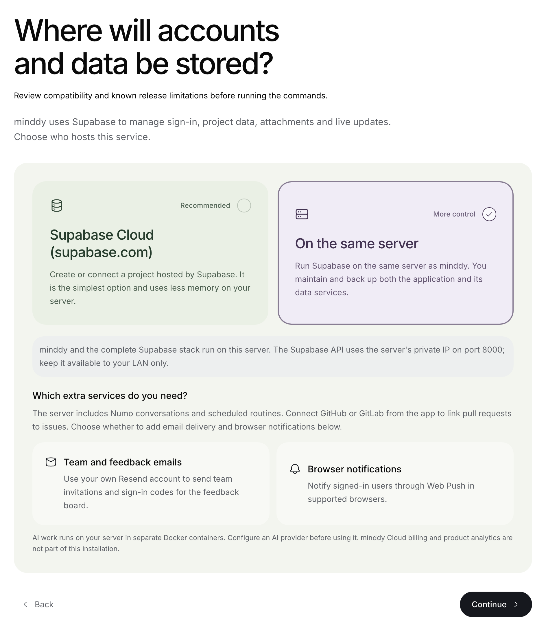 Public installation wizard with Supabase on the same server selected.