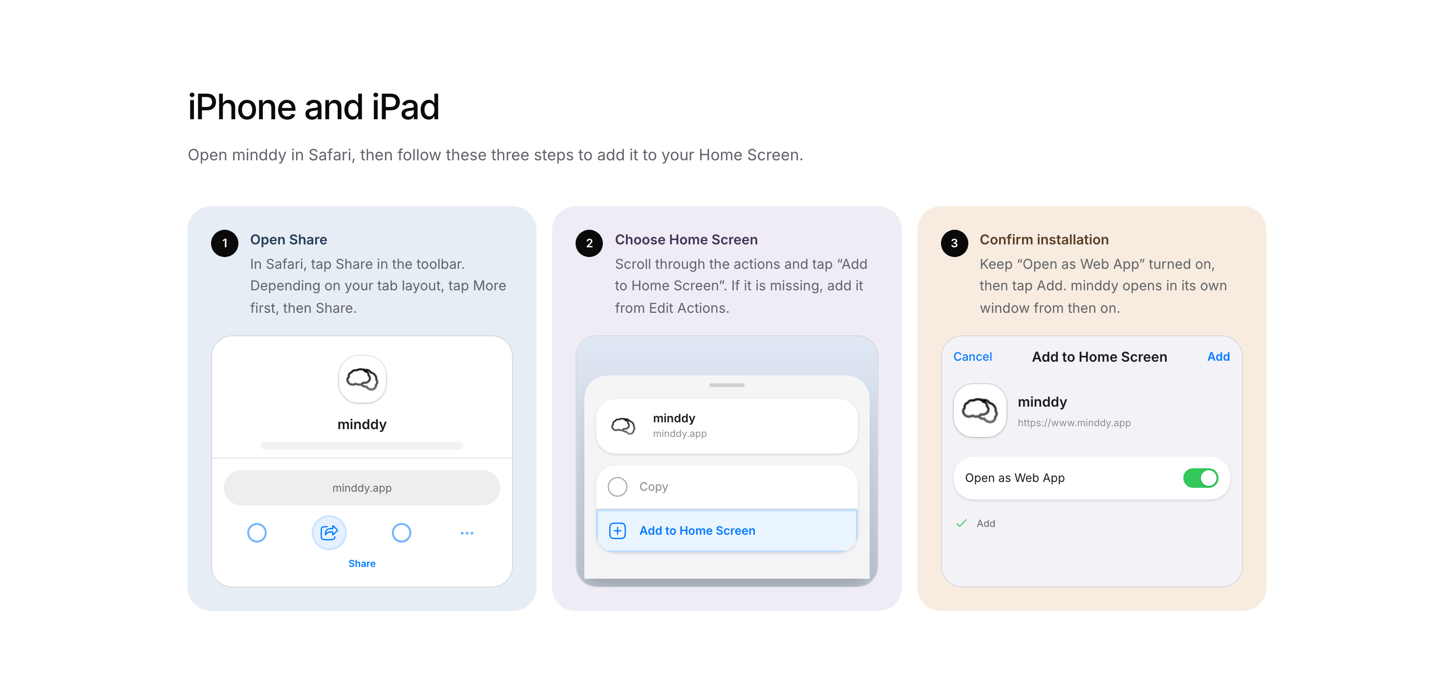 minddy’s illustrated Safari installation guide: Share, Add to Home Screen and confirm.