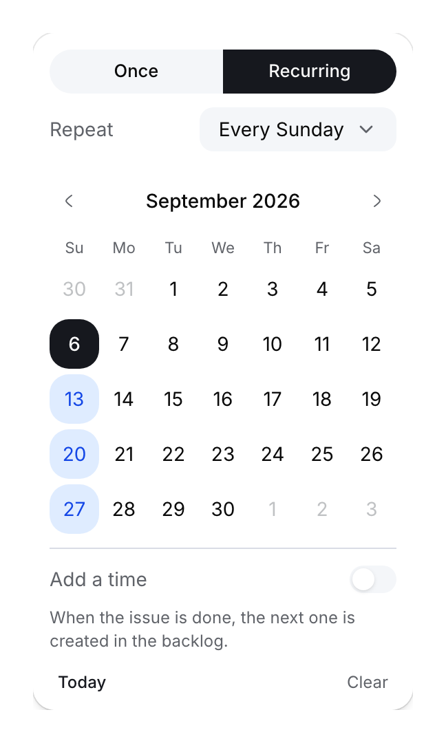 Due-date picker in recurring mode with a weekly Sunday preview and optional time.
