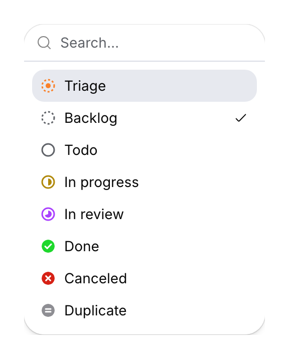 Eight issue statuses in the picker, with backlog currently selected.