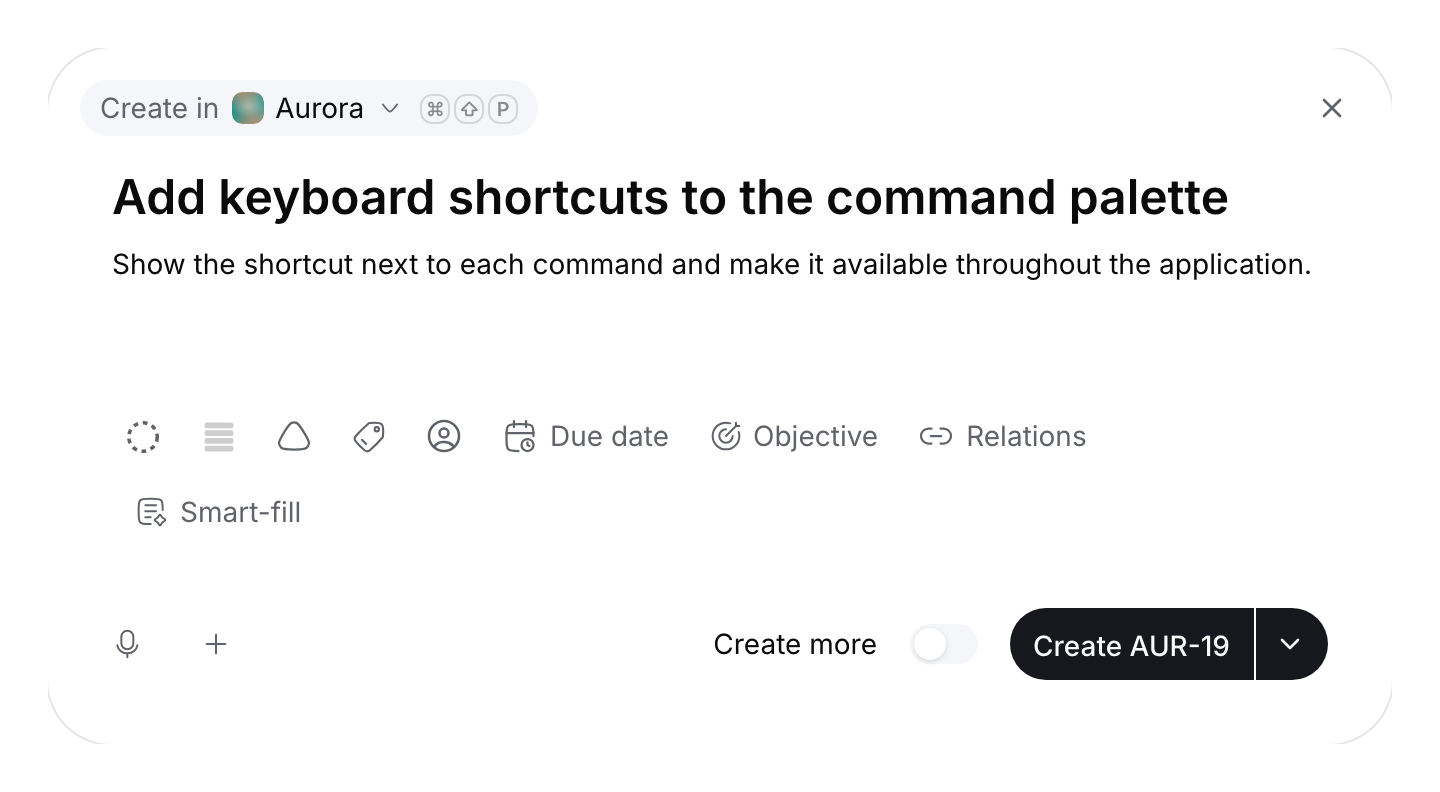 Unsent issue draft in the Aurora project with a localized title and description, manually available properties and the Create AUR-19 button.