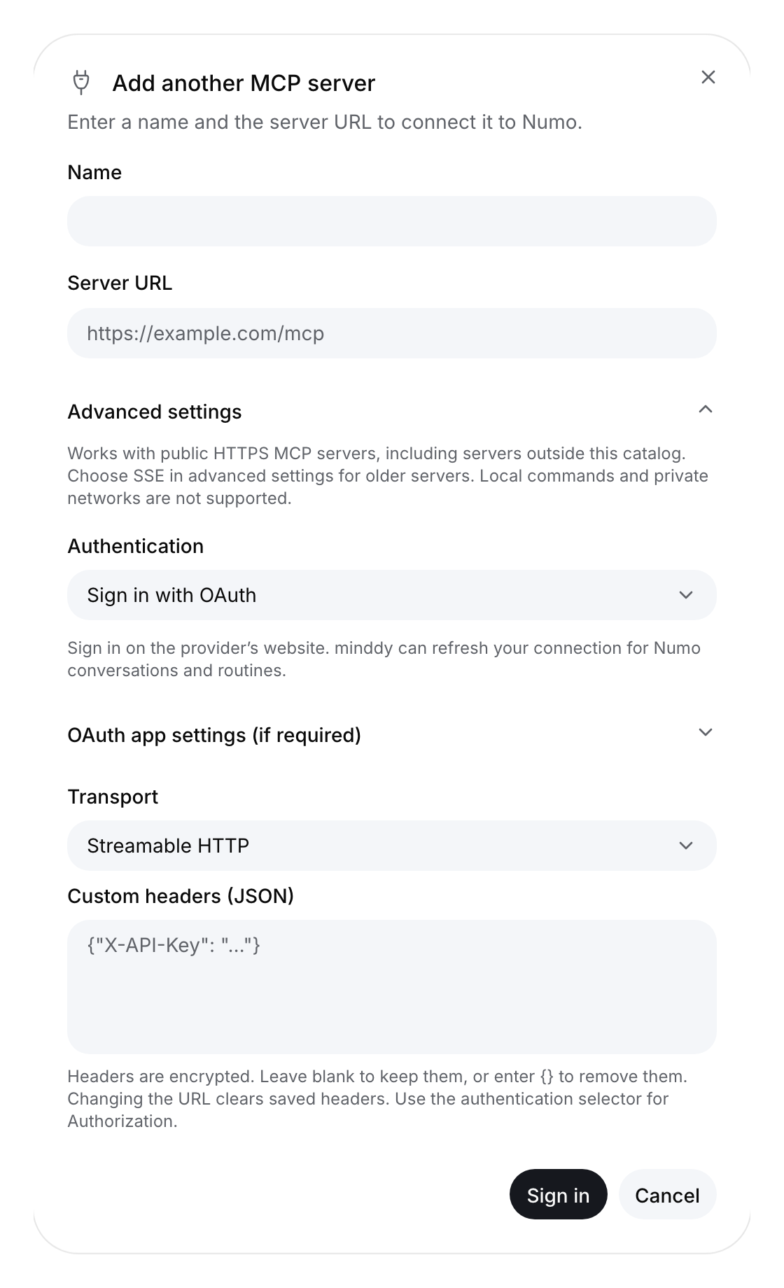 Custom MCP server form with advanced authentication, transport and header settings.