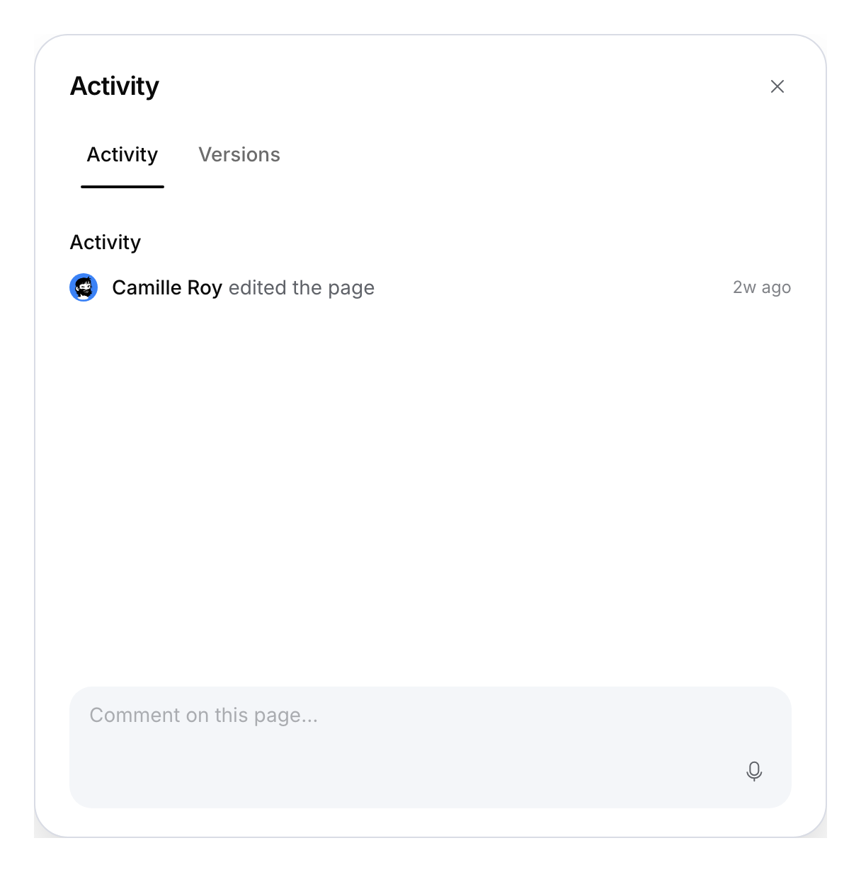 Page activity dialog with a demonstration edit event and an empty comment composer.