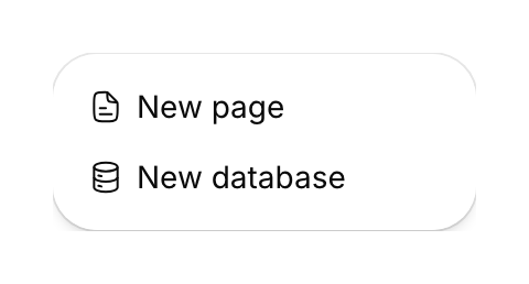 Page creation menu offering New page and New database.