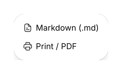 Document export menu with Markdown (.md) and Print / PDF.