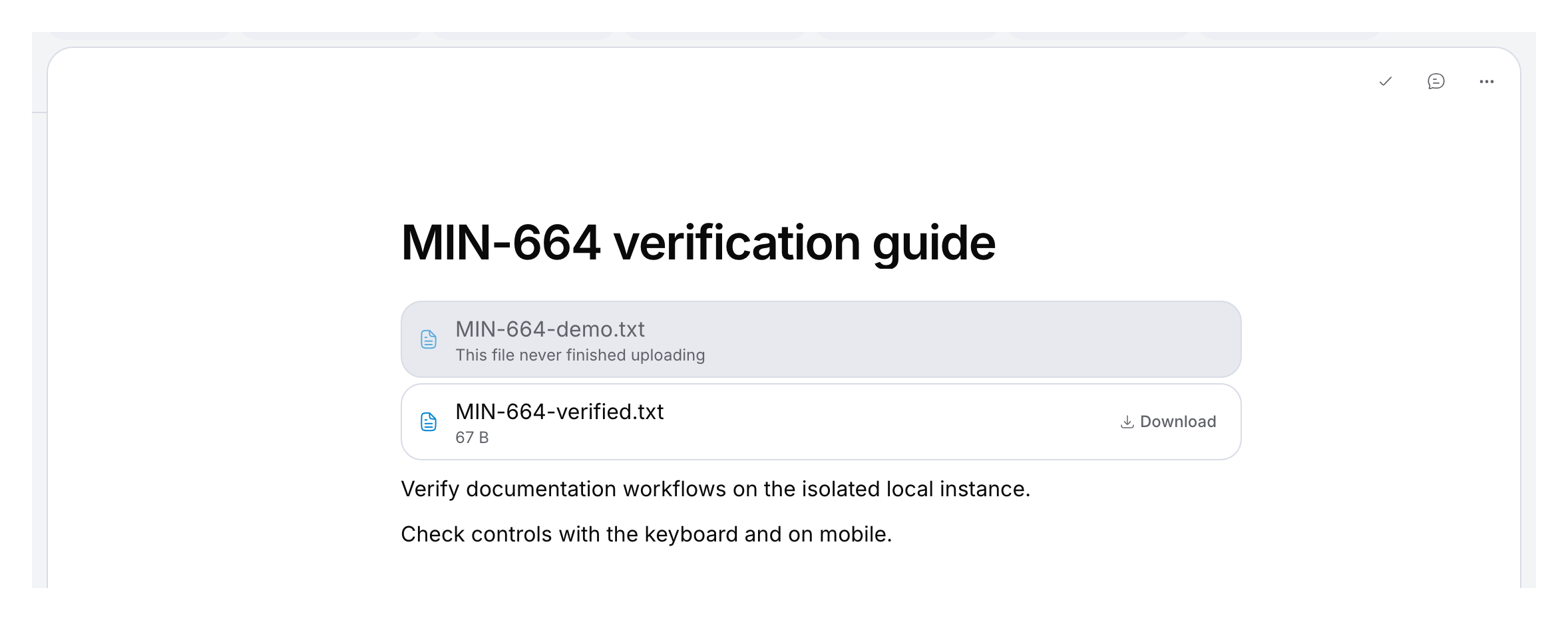 Demo page with an unfinished upload and a saved 67-byte file offering Download.