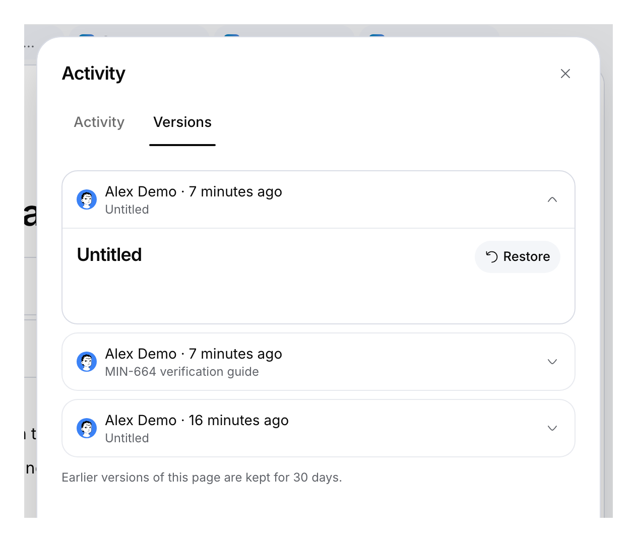 Versions tab with an expanded earlier state, its author, Restore and the 30-day retention notice.