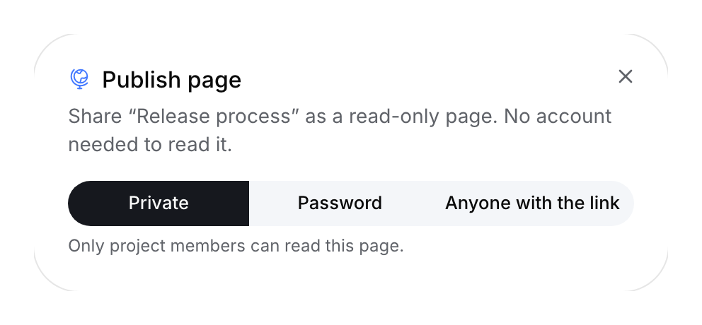 Page publication dialog with Private selected and password or bearer-link alternatives.