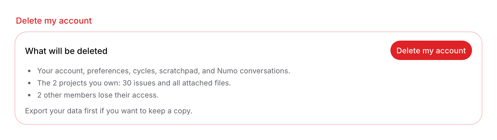 Deletion preview listing owned projects, issues and members who lose access.