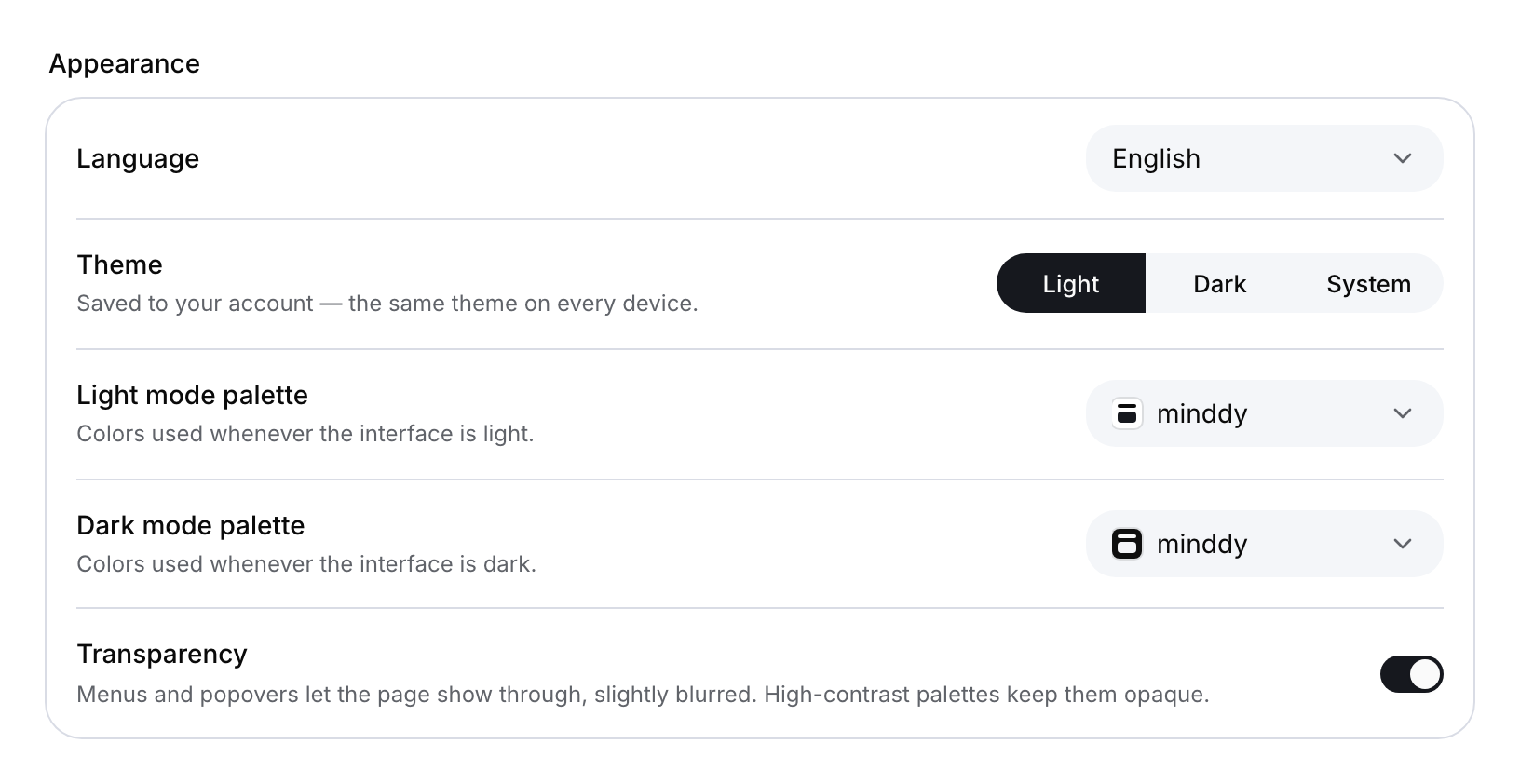 Language selector, light, dark and system theme controls, the light and dark mode palette selectors and the transparency switch.