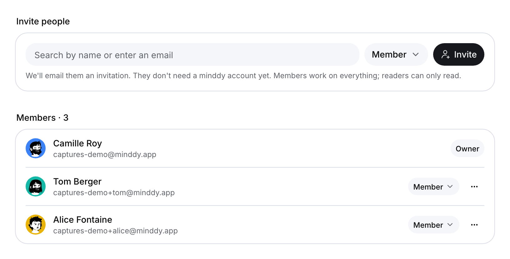 Invite people card above the Members card, which lists three demonstration members with the owner identified.