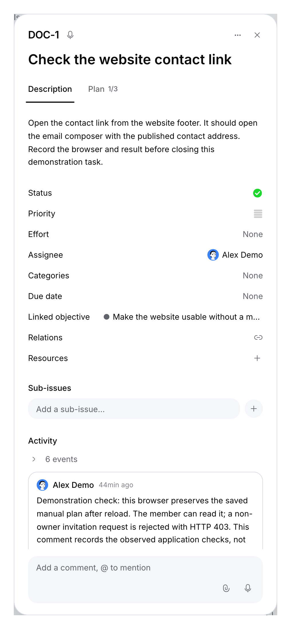 Completed demonstration issue with its description and saved comment.