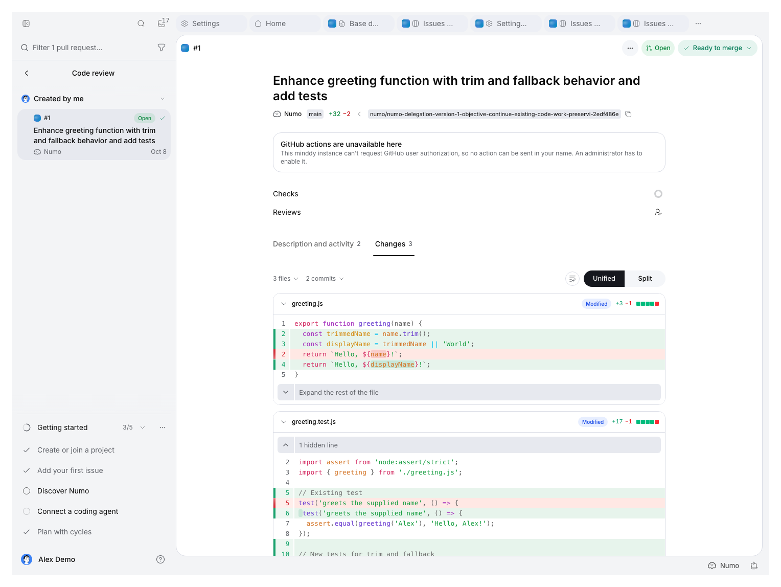 Changes tab of the open demonstration PR, with the greeting function diff and an unavailable GitHub authorization notice.