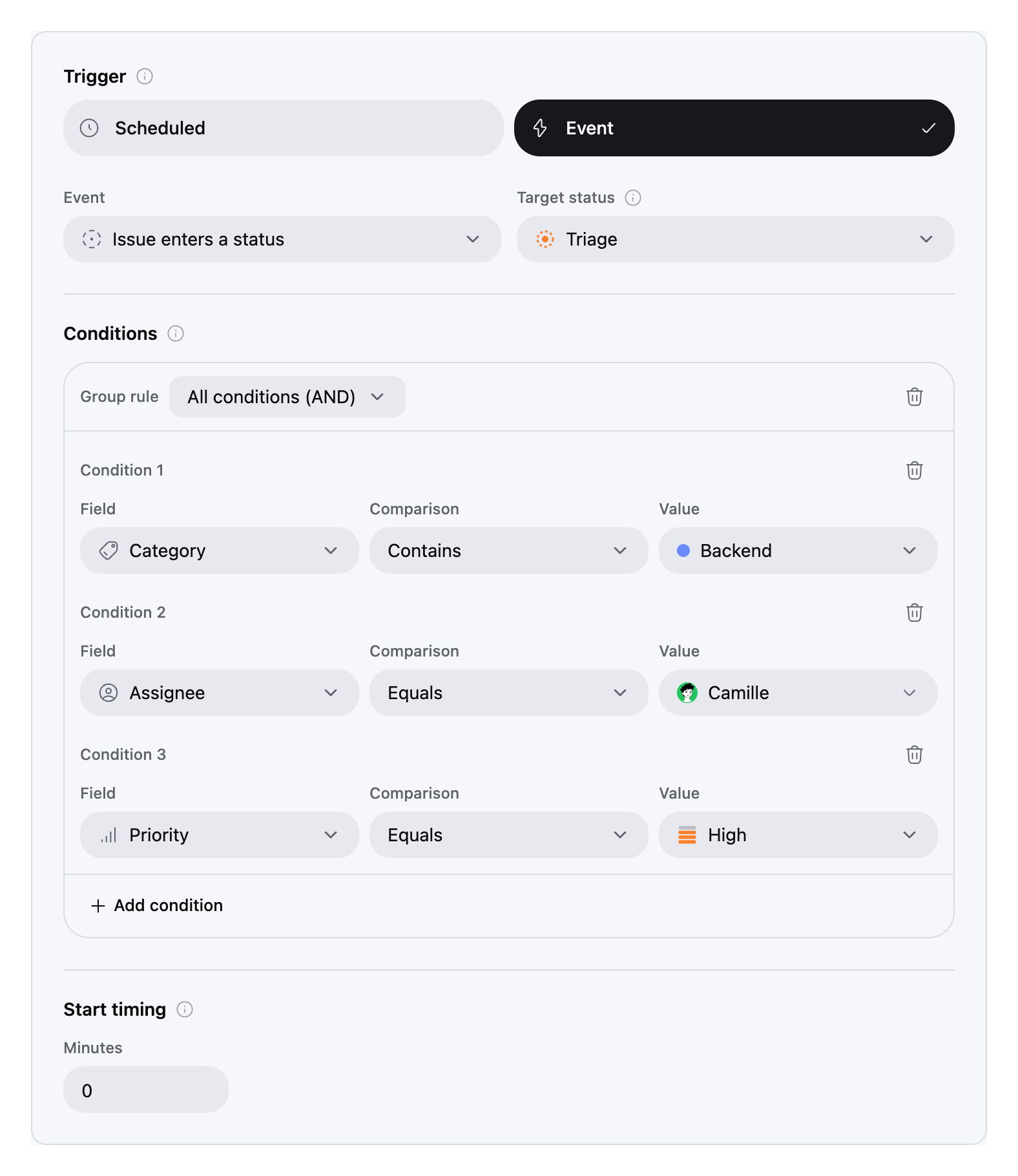 Scheduled and event modes, one condition group, app icons and discreet information buttons.