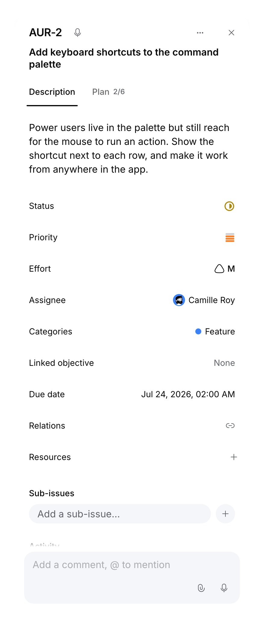 Mobile issue panel with localized title, description, properties and comment composer.