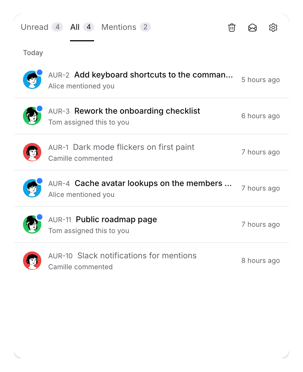 Inbox with demonstration mentions, assignments and comments, including read and unread items.