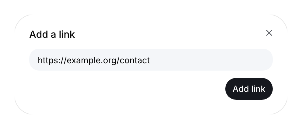 Add-link dialog with an example contact URL.