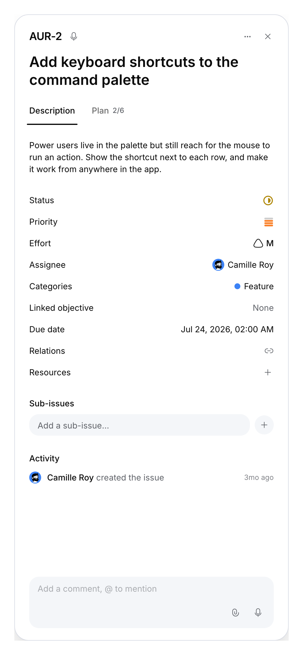 Sub-issue creation field in a demonstration parent issue.