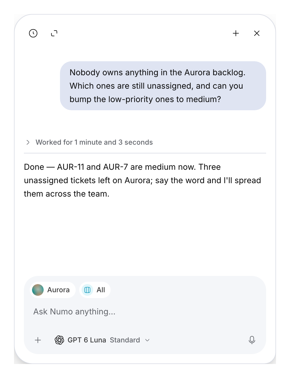 Numo demonstration conversation with page context, a priority-change request and its saved answer.