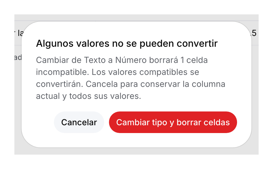 Advertencia de conversión: cambiar de Texto a Número borra una celda incompatible, con botones para cancelar o confirmar.