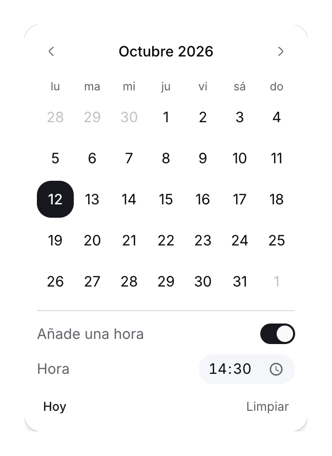 Vista previa del selector de fecha con el 12 de octubre de 2026 seleccionado, Añade una hora activado y Hora en 14:30.