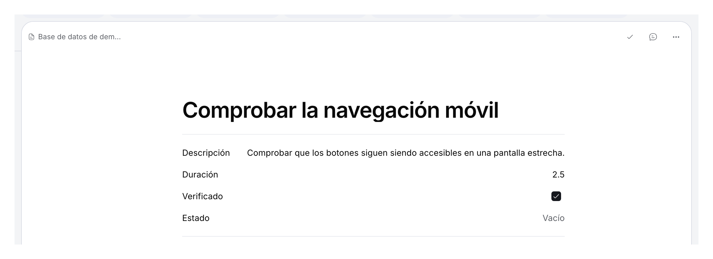 Entrada de demostración con descripción, duración 2.5, casilla marcada y selección vacía.