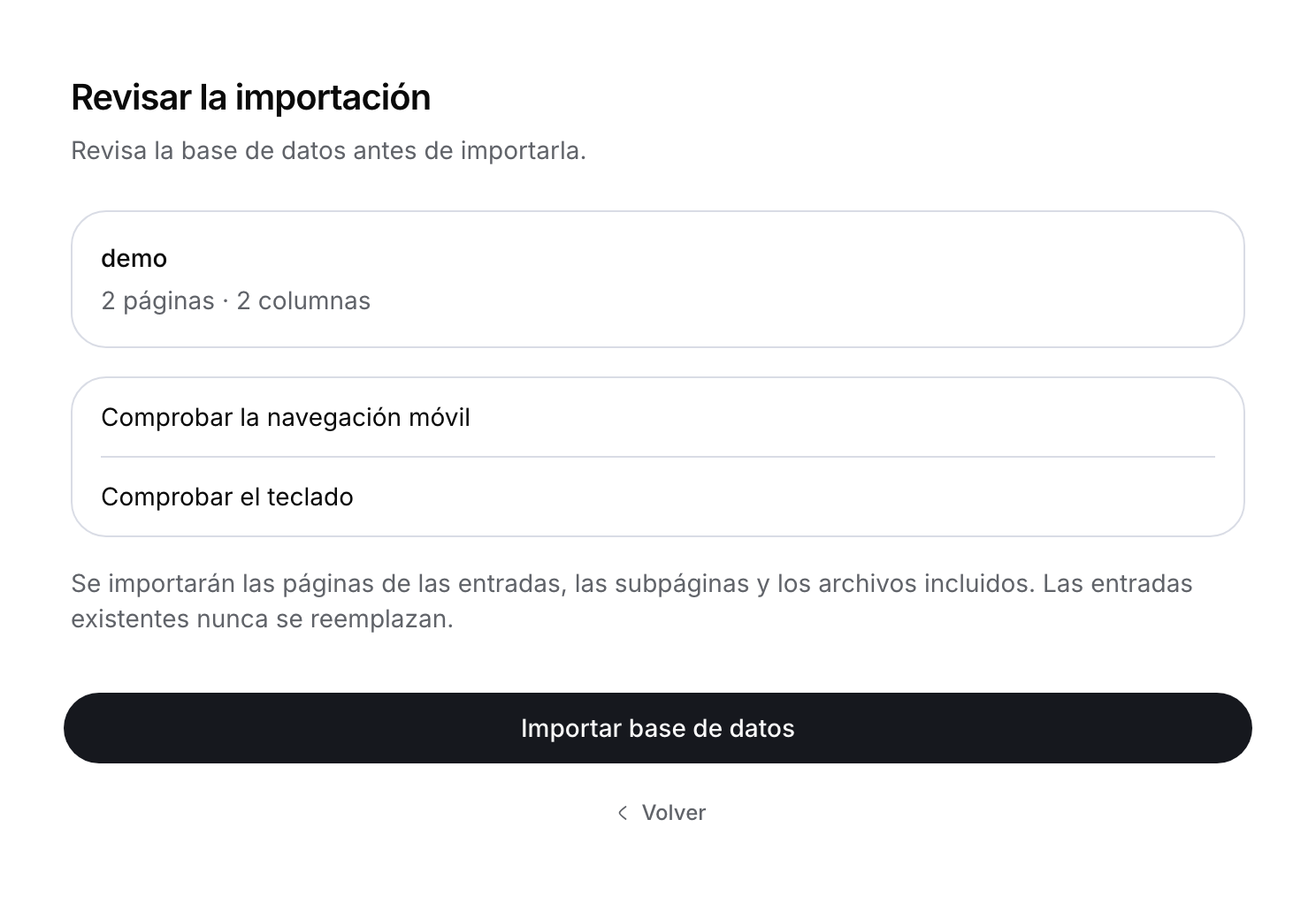 Revisión de un CSV local: dos páginas de entradas y dos columnas, con el botón Importar base de datos.