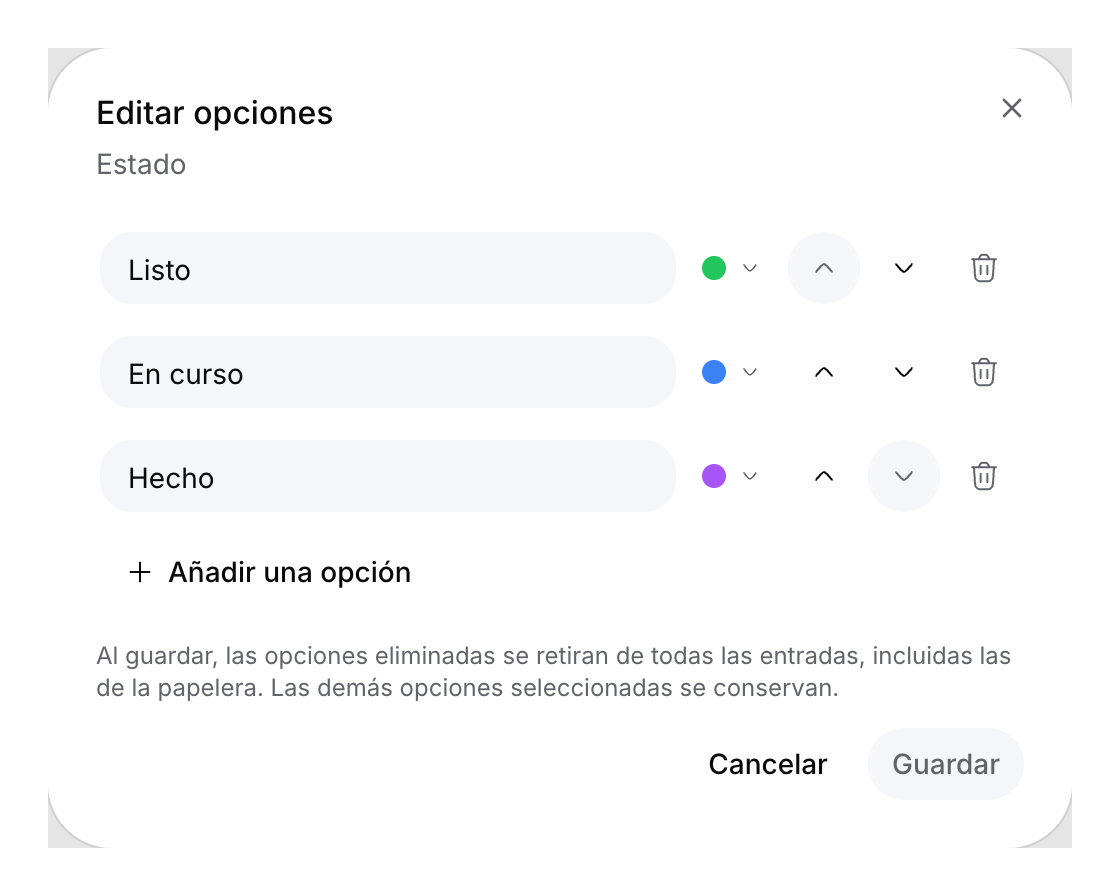 Vista previa del componente Editar opciones con estados en español, flechas hacia arriba y abajo, papeleras y la explicación de la eliminación.