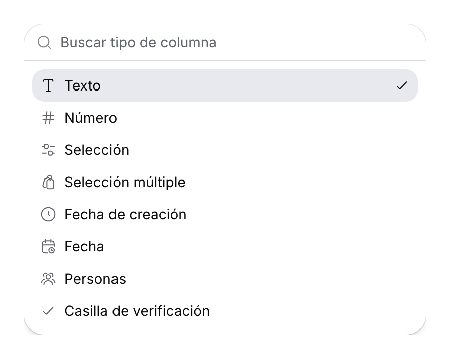Selector de tipo de columna con un campo de búsqueda, texto, número, selecciones, fechas, personas y casilla de verificación.